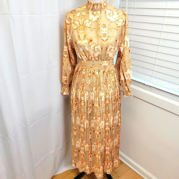 Dresses | Barocco Goddess Maxi Dress L Pleated Skirt High Neck Long Sleeve  Gold | Poshmark